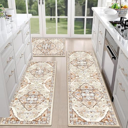 Set De Alfombra De Cocina - Esteras De Lavandería Boho | Runners De Alfombras | Matera De Piso De Pila Baja Boho | Carpetas De Bohos Gruesos | Juegos De Alfombras Lavables Para Pasillo, Patio, Entrada