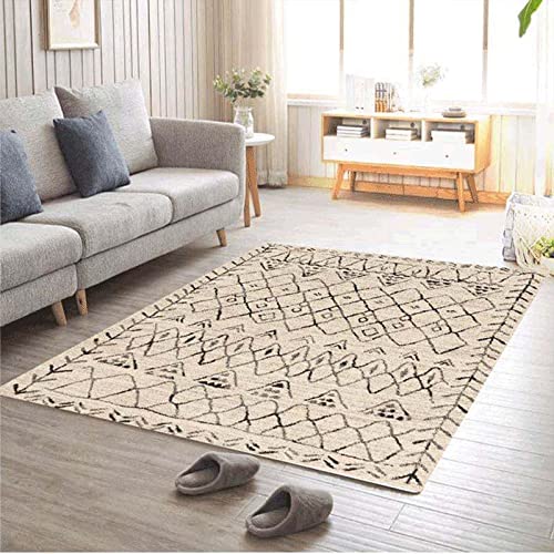 Ultra Soft Floor Carpet, 200cm x 290cm Super Soft Fluffy Shaggy Anti-Slip Carpet Mat Living Room Large Area Rugs Modern Bedroom Floor Rug Non Shedding Beige Black Geometric Boho Pattern