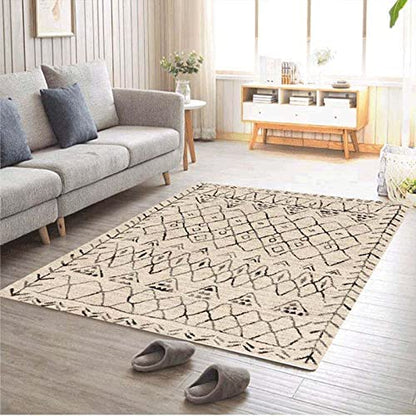 Ultra Soft Floor Carpet, 200cm x 290cm Super Soft Fluffy Shaggy Anti-Slip Carpet Mat Living Room Large Area Rugs Modern Bedroom Floor Rug Non Shedding Beige Black Geometric Boho Pattern