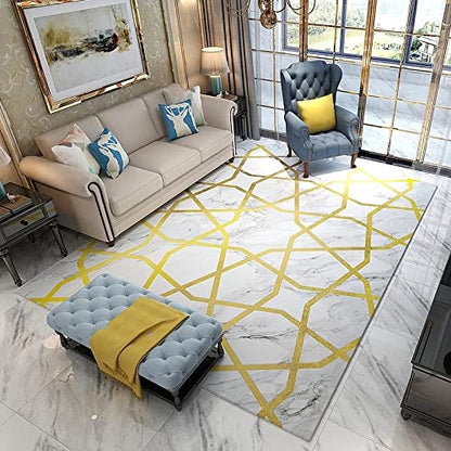 Ultra Soft Floor Carpet, 200cm x 290cm Modern Living Room Carpet Mat For Bedroom Large Area Rug Hallway Kitchen Extra Large Size Short Pile Rug White Gray Yellow Marble Texture