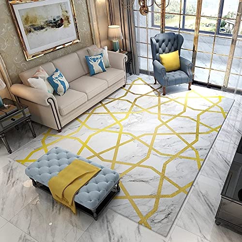 Ultra Soft Floor Carpet, 200cm x 290cm Modern Living Room Carpet Mat For Bedroom Large Area Rug Hallway Kitchen Extra Large Size Short Pile Rug White Gray Yellow Marble Texture
